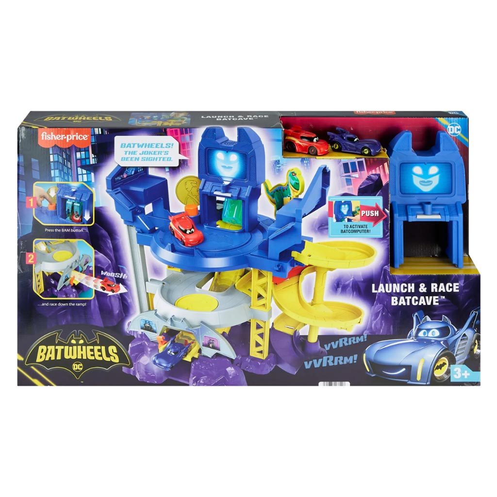 Fisher-Price Batwheels – Batcaverne Lancia Et Flèche, Piste 3 Niveaux Avec Ascenseur, Lumières Et Sons, 2 Voitures Incluses, Dès 3 Ans, HYR74