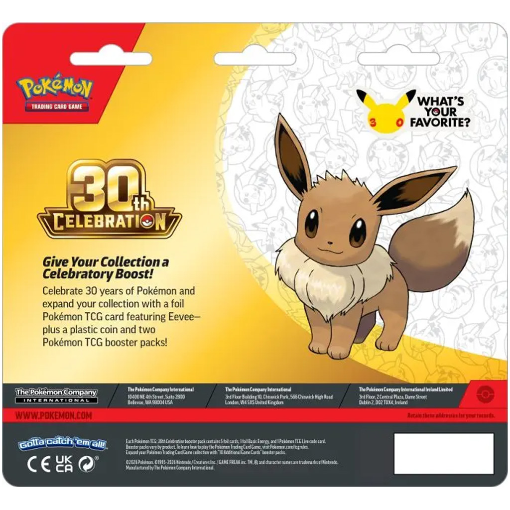Pokémon TCG: 30. obletnica 2-pak blister – dvojna širina (Eevee promocija + Pikachu kovancek) slika 2