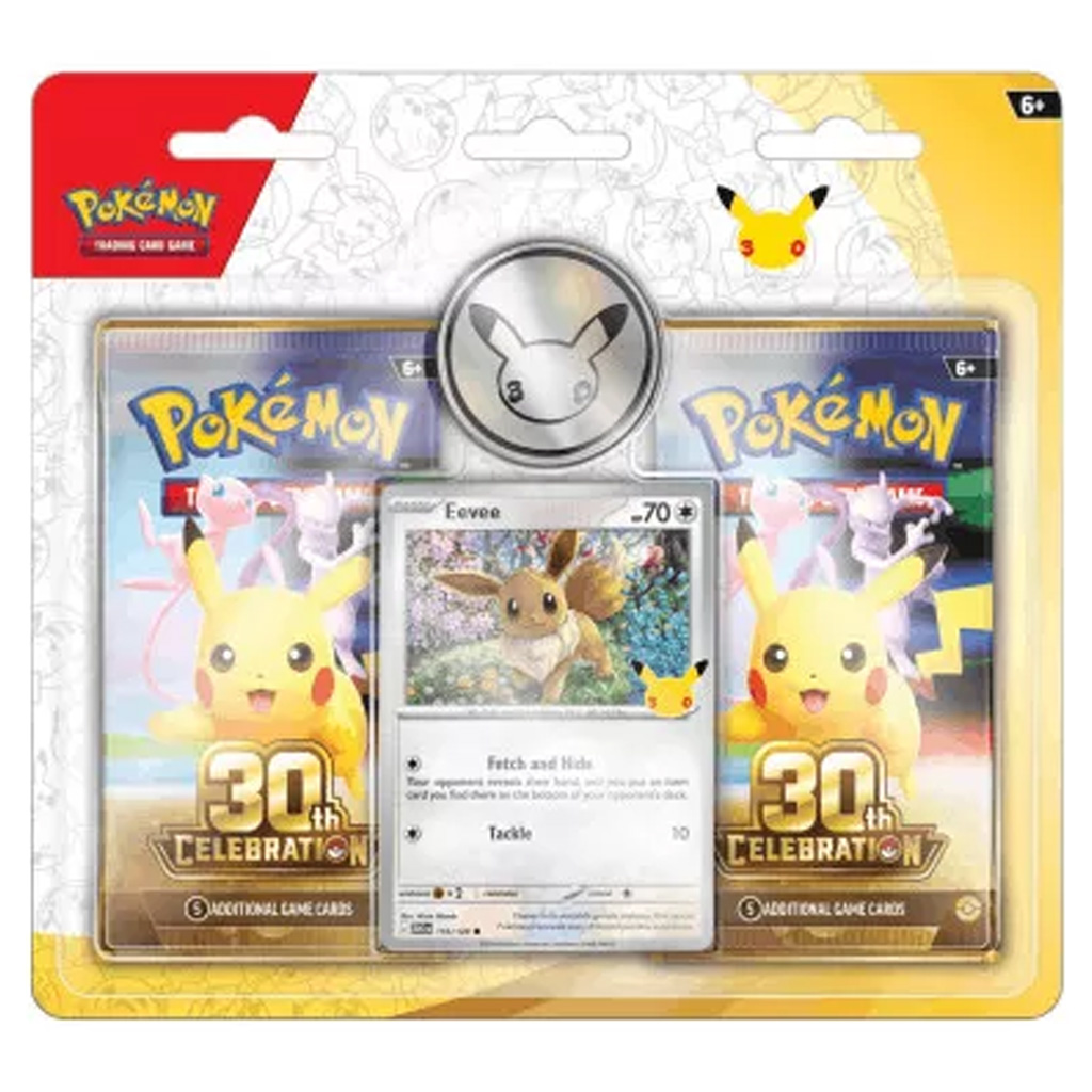 Pokémon TCG: 30. obletnica 2-pak blister – dvojna širina (Eevee promocija + Pikachu kovancek) slika 1