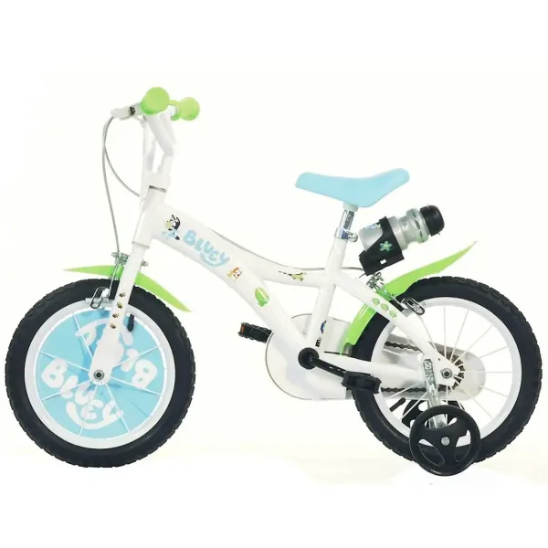 Bluey 14” otroško kolo s držalom za bidon in pomožnimi kolesci v beli-modro-zeleni barvi – kolo Dino Bikes slika 2