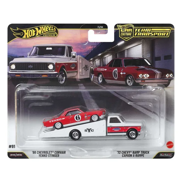 Hot Wheels: 72 Chevy Ramp Truck avtotransporter in 66 Chevrolet Corvair avtomobilček 1/64 - Mattel slika 1