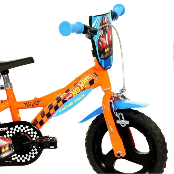 Hot Wheels 12” otroško kolo s držalom za plastenko in pomožnimi kolesi v oranžno-črni barvi – Dino Bikes kolo slika 3