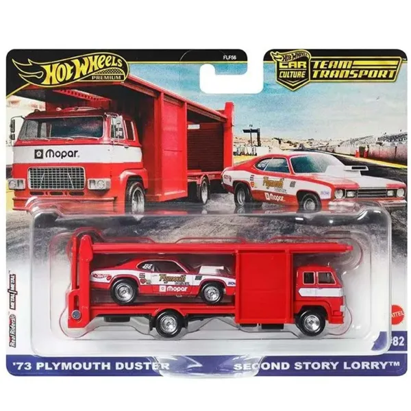 Hot Wheels: Second Story Lorry premium tovornjak za prevoz avtomobilov in 73 Plymouth Duster mali avtomobilček 1/64 – Mattel slika 1