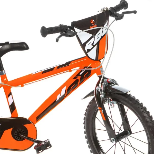 R88 otroško kolo 14” s držalom za bidon in pomožnimi kolesci v oranžno-črni barvi – Dino Bikes kolo slika 3