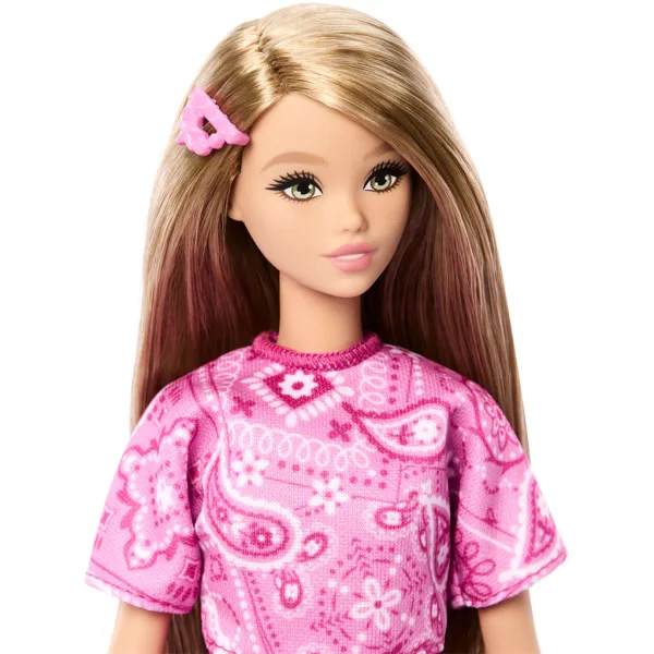Barbie: Fashionista Prijateljice stilna modna punčka v roza obleki s vzorcem šalov - Mattel slika 3