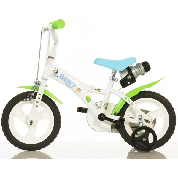 Bluey 12” otroški kolo s nosilcem za bidon in stranskimi kolesi v beli-modri-zeleni barvi – Dino Bikes kolo slika 2