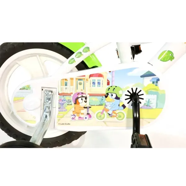 Bluey 12” otroški kolo s nosilcem za bidon in stranskimi kolesi v beli-modri-zeleni barvi – Dino Bikes kolo slika 4