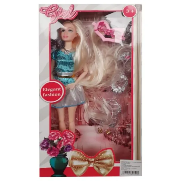 Elegantna 28cm velika modna lutka z dolgimi svetlimi lasmi v črni obleki z dodatki slika 3