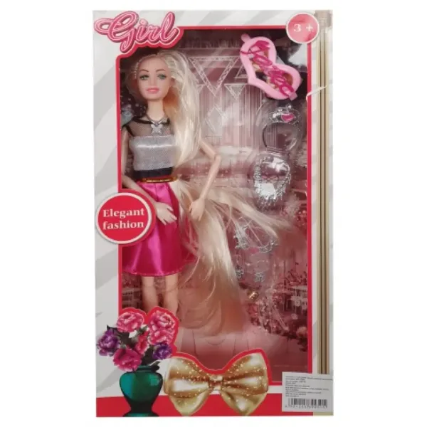 Elegantna 28cm velika modna lutka z dolgimi svetlimi lasmi v črni obleki z dodatki slika 4