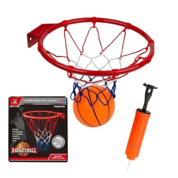 Set s kovinskim košarkarskim obročem premera 22 cm s pisano mrežo, žogo in tlačilko slika 3