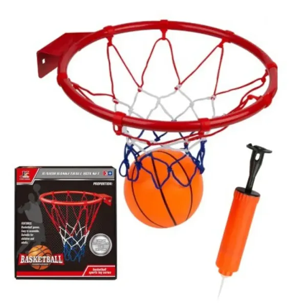 Set s kovinskim košarkarskim obročem premera 24 cm s pisano mrežo, žogo in tlačilko slika 2