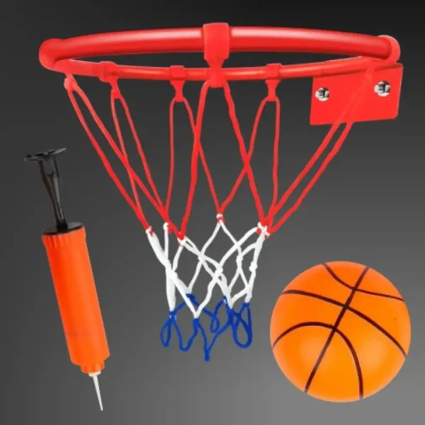 Set s kovinskim košarkarskim obročem premera 24 cm s pisano mrežo, žogo in tlačilko slika 3