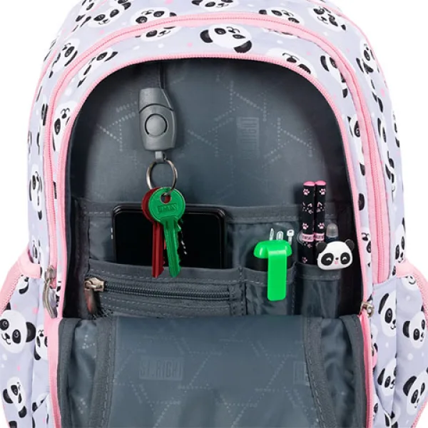 Šolska torba, nahrbtnik s tremi predelki St.Right Grey Panda roza-sive barve z motivom pande 39x27x1 slika 4