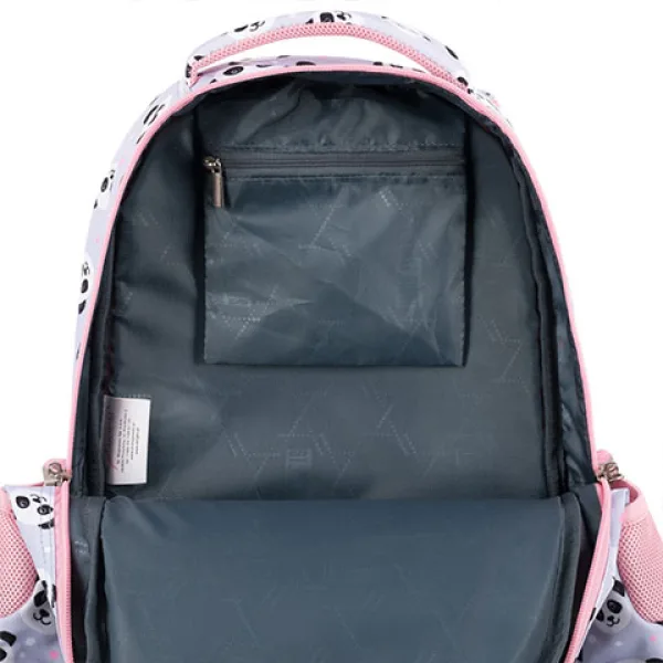 Šolska torba, nahrbtnik s tremi predelki St.Right Grey Panda roza-sive barve z motivom pande 39x27x1 slika 5