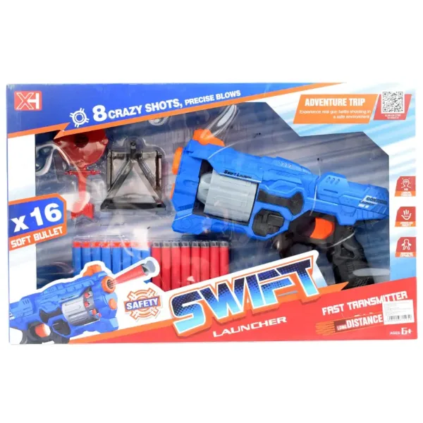 Swift Launcher: Ročno orožje za spužvaste naboje z vrtljivim magazinom, naboji in tarčo 32 cm slika 8