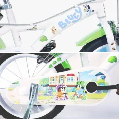 Bluey 14” otroško kolo s držalom za bidon in pomožnimi kolesci v beli-modro-zeleni barvi – kolo Dino Bikes slika 3