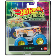 Hot Wheels Monster Trucks: 5 Alarm, avtomobilček v merilu 1/64 z modrimi kolesi, ki sveti v temi – Mattel
