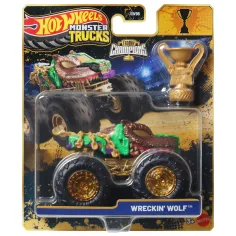 Hot Wheels Monster Trucks: Wreckin Wolf zmagovalni monstrski avtomobilček s pokalom 1/64 - Mattel