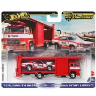 Hot Wheels: Second Story Lorry premium tovornjak za prevoz avtomobilov in 73 Plymouth Duster mali avtomobilček 1/64 – Mattel