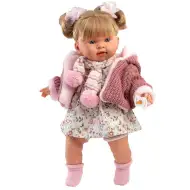 Llorens: Jokajoča dojenčka Alexandra, visoka 42 cm, s cucljem, v roza pleteni jakni in cvetličnem krilu.