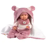 Llorens: Mimi 42 cm jokajoča dojenček z roza spalno vrečo z medvedjimi ušesi
