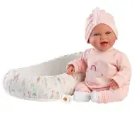 Llorens: Mimi 42 cm nasmejana punčka s cucljem in gnezdom za dojenčke