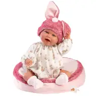 Llorens: Mimi 42 cm velik nasmejan dojenček z zajčjimi ušesi v roza kapici s povštrom