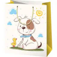 Prijateljstvo med psom in piščancem kot vzorčasta velika ekskluzivna darilna vrečka velikosti 27x14x33 cm