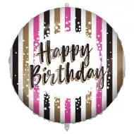 Rojstnodarski folija balon – z napisom „Happy Birthday”, z zlato-črno-roza črtastim dizajnom, 46 cm