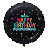 Rojstnodarski folija balon – z napisom "Happy Birthday", s torto in konfeti, na črni podlagi, 46 cm