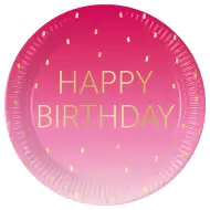 Roza barvni rojstnodnevni papirnati krožniki z napisom "Happy Birthday", set 8 kosov, 23 cm