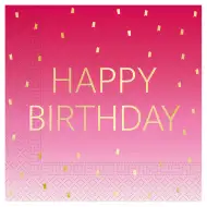 Roza barvni rojstnodnevni prti "Happy Birthday" z dvema plastema papirnatih prtičkov, paket 20 kosov.