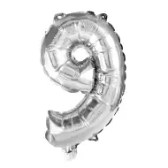 Številni folijski baloni v srebrni barvi – številka 9, 32 cm