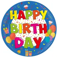 Vesele barviti rojstnodnevni papirnati krožniki z napisom "Happy Birthday", set 8 kosov.