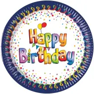 Vesele modro-beli papirnati krožniki z napisom "Happy Birthday", set 8 kosov