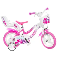 Flappy 12” otroško kolo s košarico in sedežem za punčko v roza-beli barvi - kolo Dino Bikes