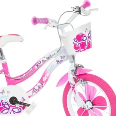 Flappy 14” otroško kolo s košarico in sedežem za lutko v roza-beli barvi – Dino Bikes kolo slika 3