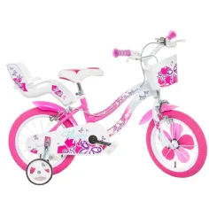Flappy 14” otroška kolesa s košarico in otroškim sedežem v roza-beli barvi – Dino Bikes kolo