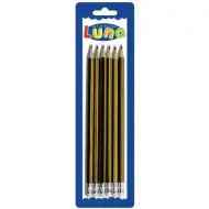 Luna: 6-delni komplet rumeno-črnih HB grafitnih svinčnikov z radirko na vrhu