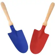 Modra kovinska koničasta lopata za peskovnik z lesenim ročajem