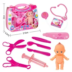 Pink zdravniški komplet z lutko in dodatki v kovčku slika 2