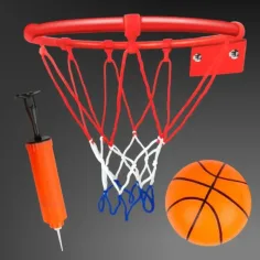 Set s kovinskim košarkarskim obročem premera 24 cm s pisano mrežo, žogo in tlačilko slika 3