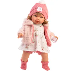 Llorens: Carla, 42 cm jočeča lutka z dudo v kapici s srčki slika 1