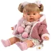 Llorens: Jokajoča dojenčka Alexandra, visoka 42 cm, s cucljem, v roza pleteni jakni in cvetličnem krilu.
