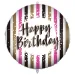 Rojstnodarski folija balon – z napisom „Happy Birthday”, z zlato-črno-roza črtastim dizajnom, 46 cm