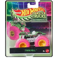Hot Wheels Monster Trucks: Twin Mill neonsko zelen avtomobilček, ki sveti v temi 1/64 – Mattel